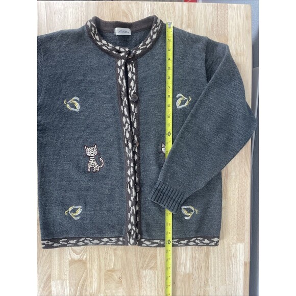 VTG Wool Blend Cardigan Sweater Gray Cat Cheetah Buttons Bling GrandmaCore Sz M - Picture 6 of 9